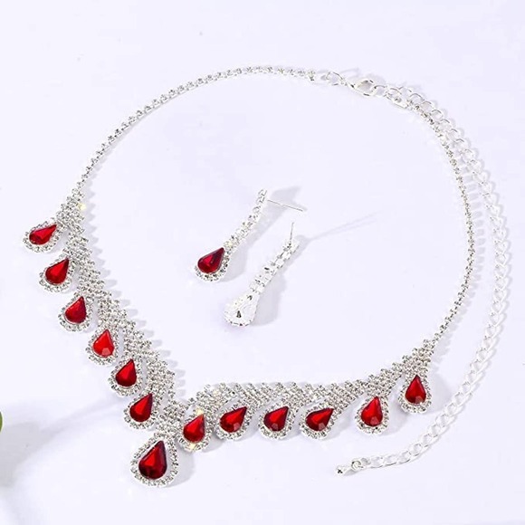 Crystal Teardrop Cluster Statement Necklace Dangle Earrings Jewelry Set Bridal - Picture 6 of 6